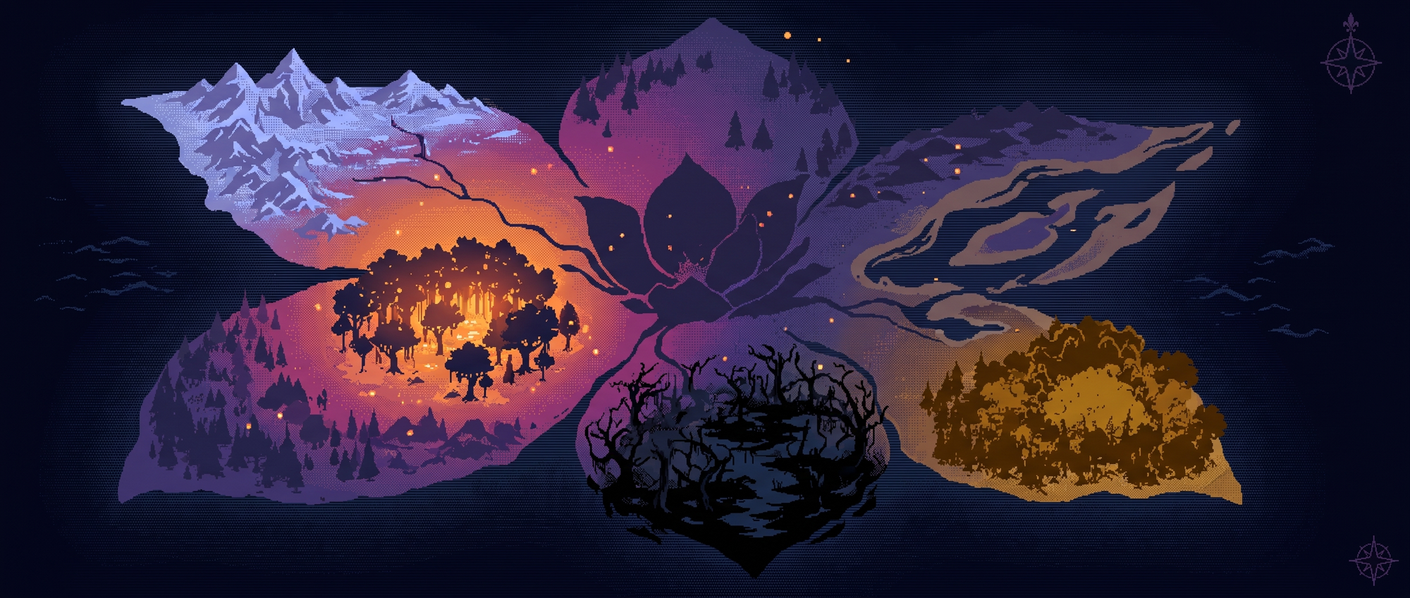 Illustrated map of the Bloomlands — a country shaped like one colossal flower, each petal a region. Emberwood glows at the heart, lit and playable. Frostmarrow, Saltwake, Thornmire, and Goldenreach are fogged as uncharted.