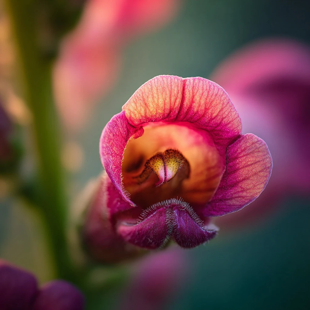 Macro photo of a real snapdragon flower, its pink-magenta throat and gold-orange gullet open toward the camera.